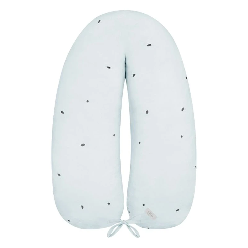 Svetloplavi jastuk za trudnice u obliku slova U sa diskretnim tamnim tačkicama i trakama za vezivanje na dnu