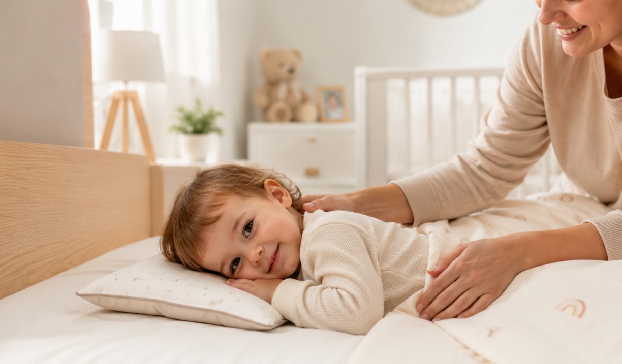 Mama namešta ćebe preko malog deteta koje leži na niskom krevetu sa tankim jastukom, u svetloj i toploj dečjoj sobi.