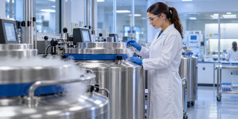 Laboratorijska stručnjakinja kontroliše kriogene rezervoare za čuvanje matičnih ćelija.