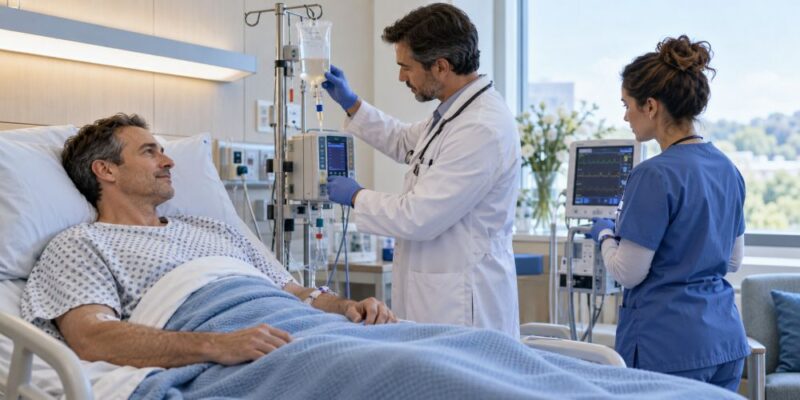 Lekar i medicinska sestra nadziru pacijenta tokom intravenske terapije matičnim ćelijama.