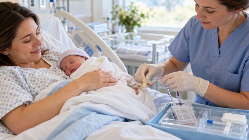 Medicinska sestra prikuplja krv iz pupčane vrpce dok majka drži novorođenče u porodilištu.